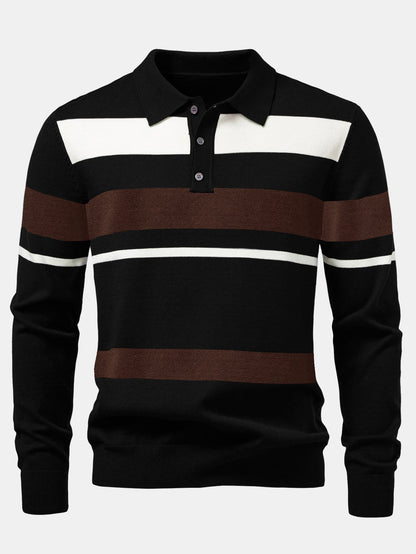 Long Sleeve Stripe Knit Polo Shirt