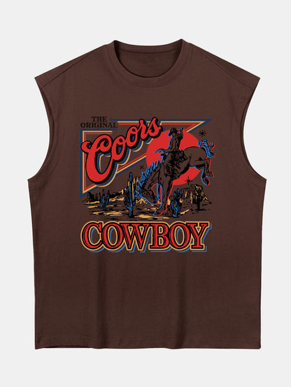 Relax Fit Western Cowboy Print Cotton Drop Shoulder Sleeveless T-Shirt