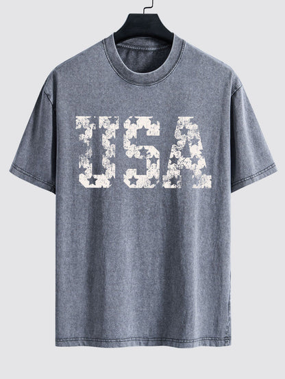 USA Print Washed Distressed Drop Shoulder T-Shirt
