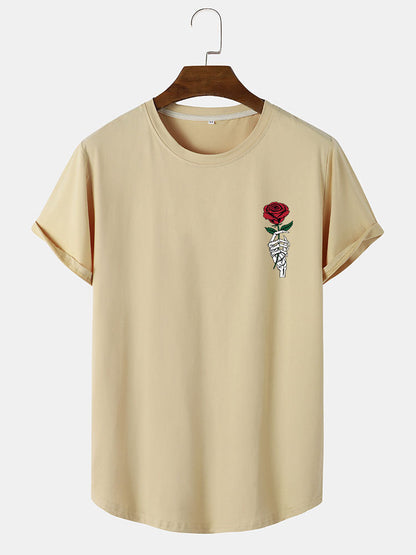 Rose Skull Hand Print Arc Hem T-Shirt