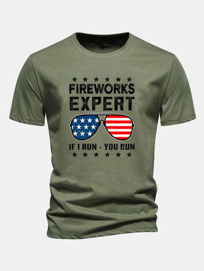 Regular Fit American Flag Sunglasses Print Cotton T-Shirt