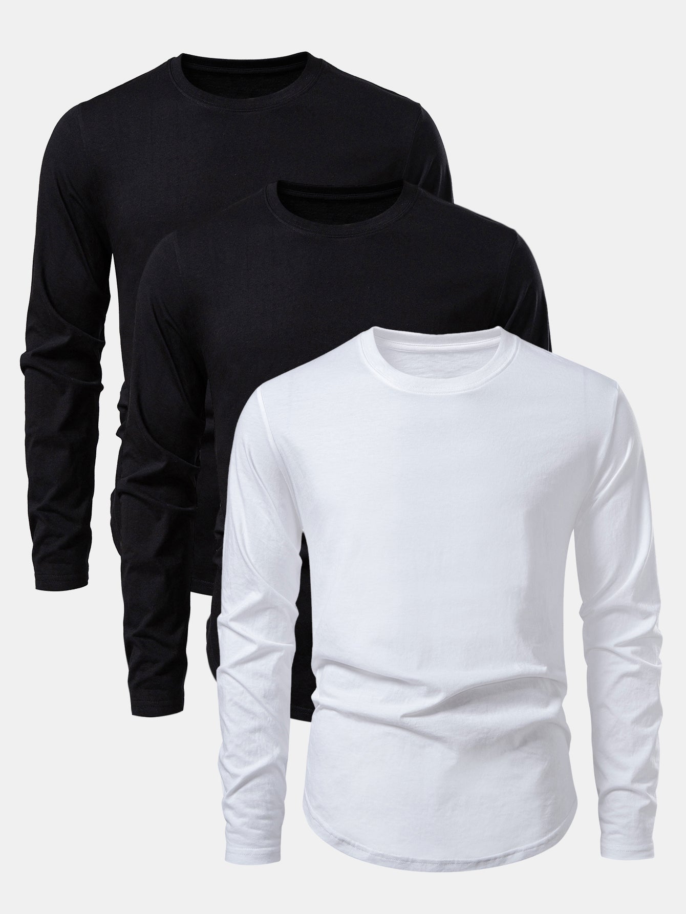 3 Pieces Basic Long Sleeve Cotton Arc Hem T-Shirts