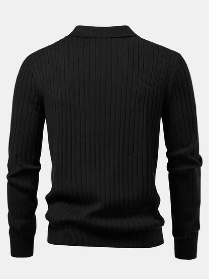 Long Sleeve Ribbed Knit Johnny Collar Polo Shirt