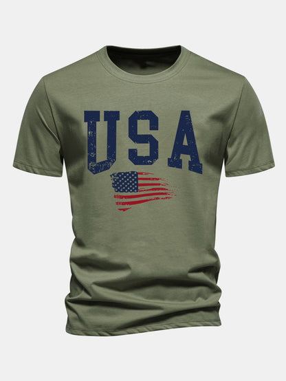 Regular Fit USA Flag Print Cotton T-Shirt