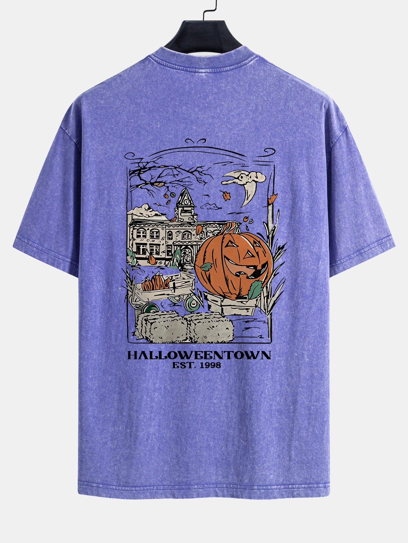 Halloween Pumpkin Town Print Washed Distressed Drop Shoulder T-Shirt
