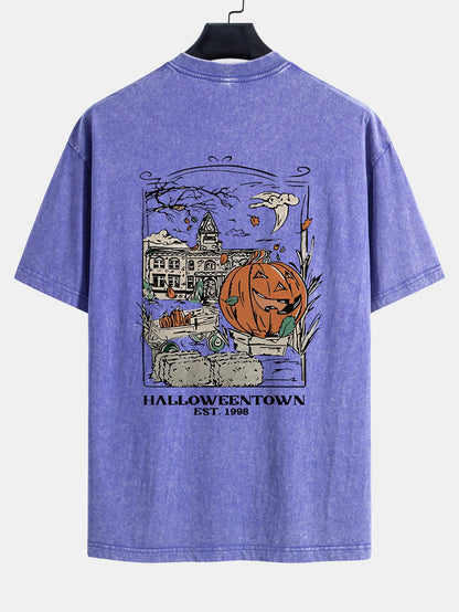 Halloween Pumpkin Town Print Washed Distressed Drop Shoulder T-Shirt