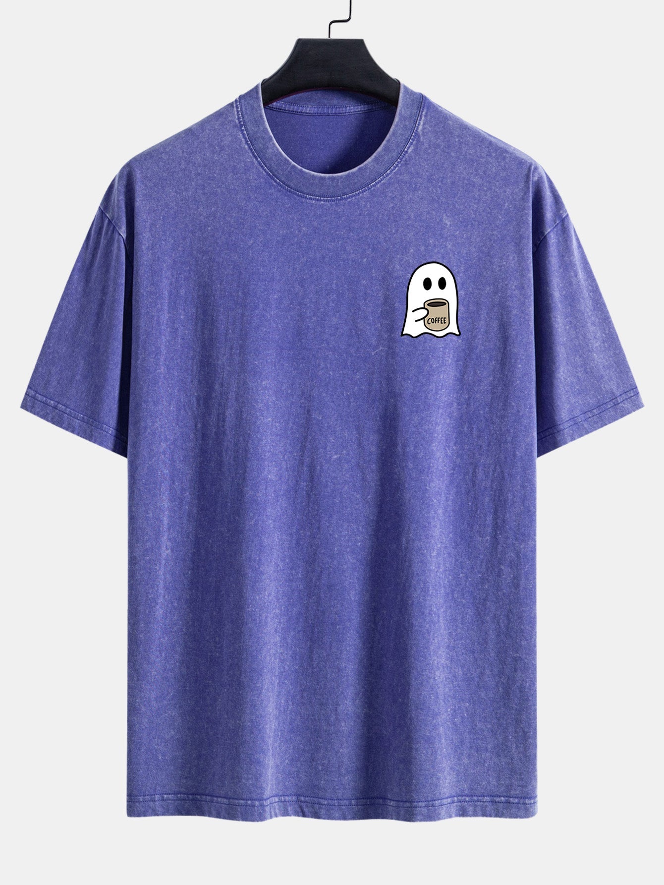 Ghost Drinking Coffee Print Washed Distressed Drop Shoulder T-Shirt