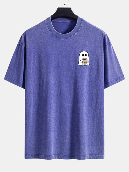 Ghost Drinking Coffee Print Washed Distressed Drop Shoulder T-Shirt