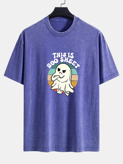 Ghost Slogan Print Washed Distressed Drop Shoulder T-Shirt