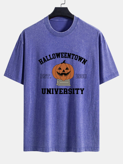 Halloween Pumpkin Town Print Washed Distressed Drop Shoulder T-Shirt
