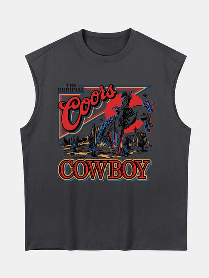 Relax Fit Western Cowboy Print Cotton Drop Shoulder Sleeveless T-Shirt