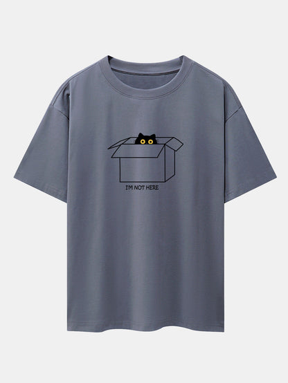 Black Cat Peeking Through Cardboard Print Drop Shoulder Oversize T-Shirt