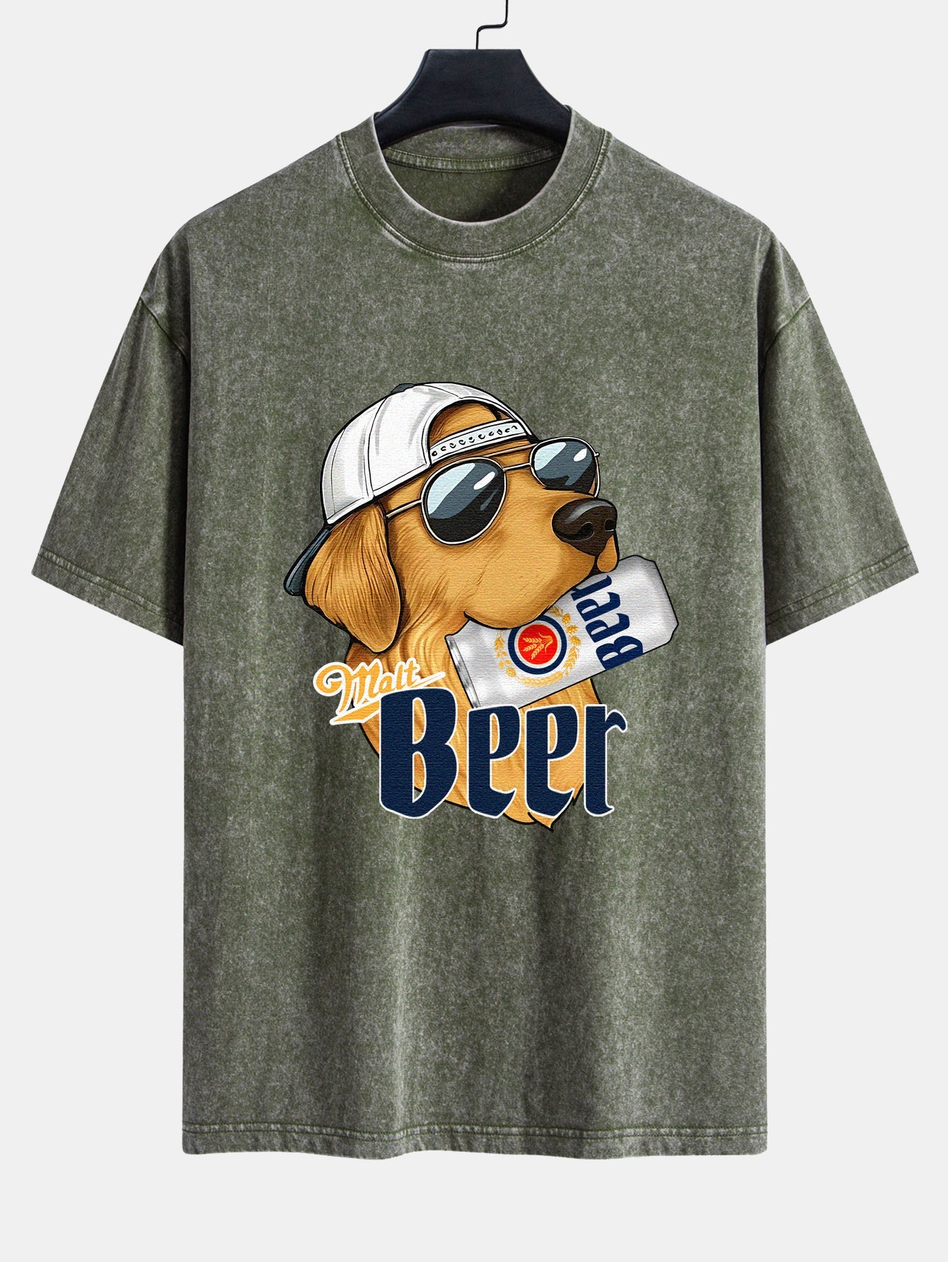 Beer Dog Print Washed Distressed Drop Shoulder T-Shirt