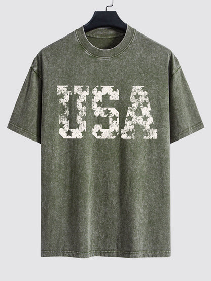 USA Print Washed Distressed Drop Shoulder T-Shirt