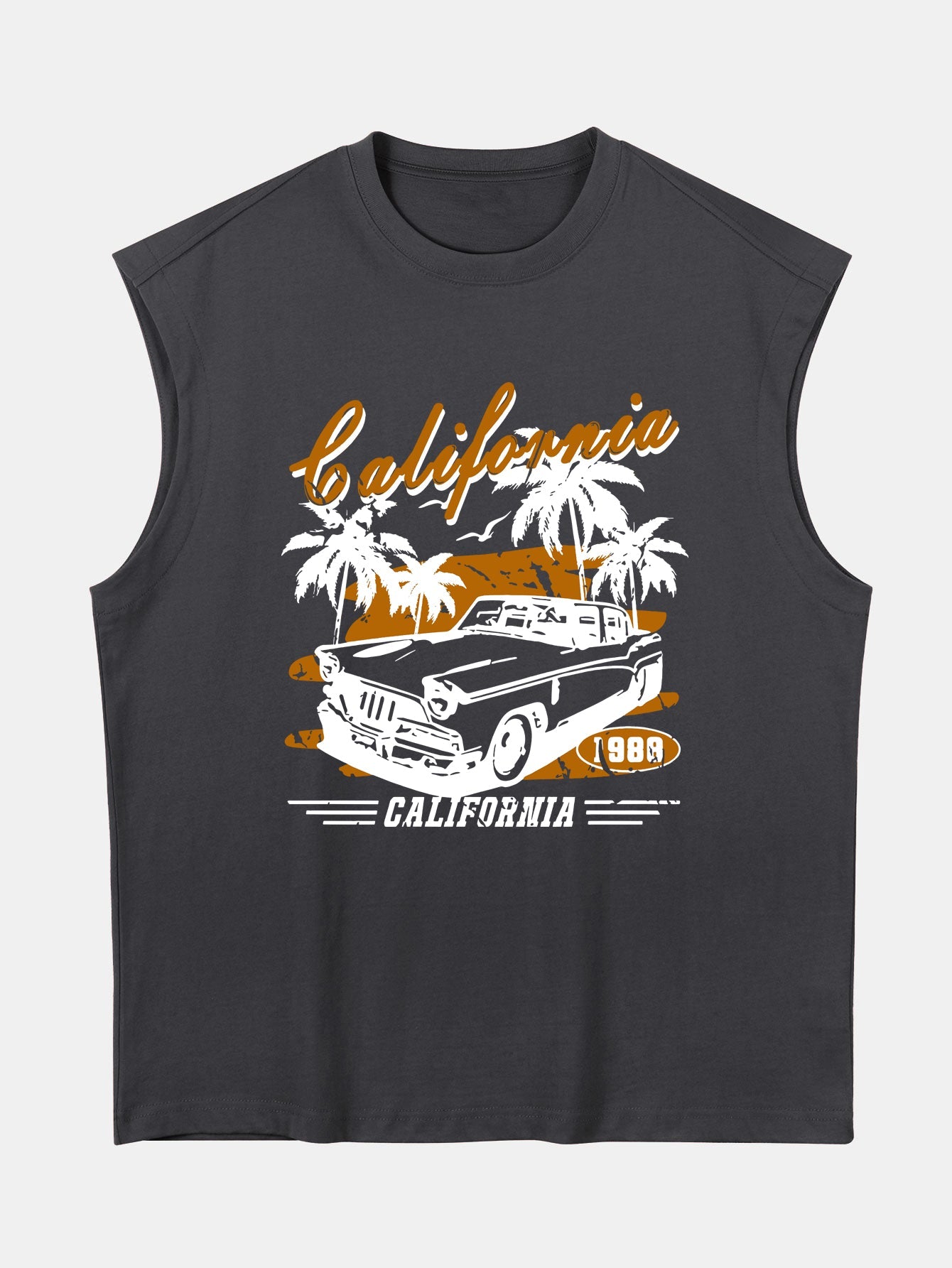 Relax Fit California Car Print Cotton Drop Shoulder Sleeveless T-Shirt