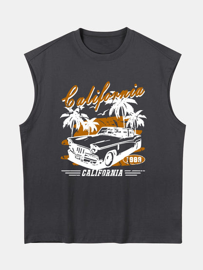 Relax Fit California Car Print Cotton Drop Shoulder Sleeveless T-Shirt
