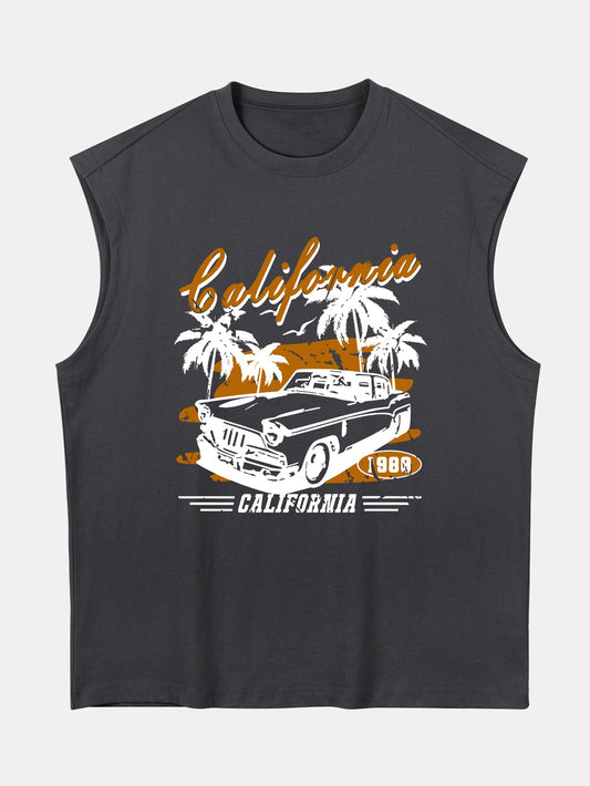 Relax Fit California Car Print Cotton Drop Shoulder Sleeveless T-Shirt