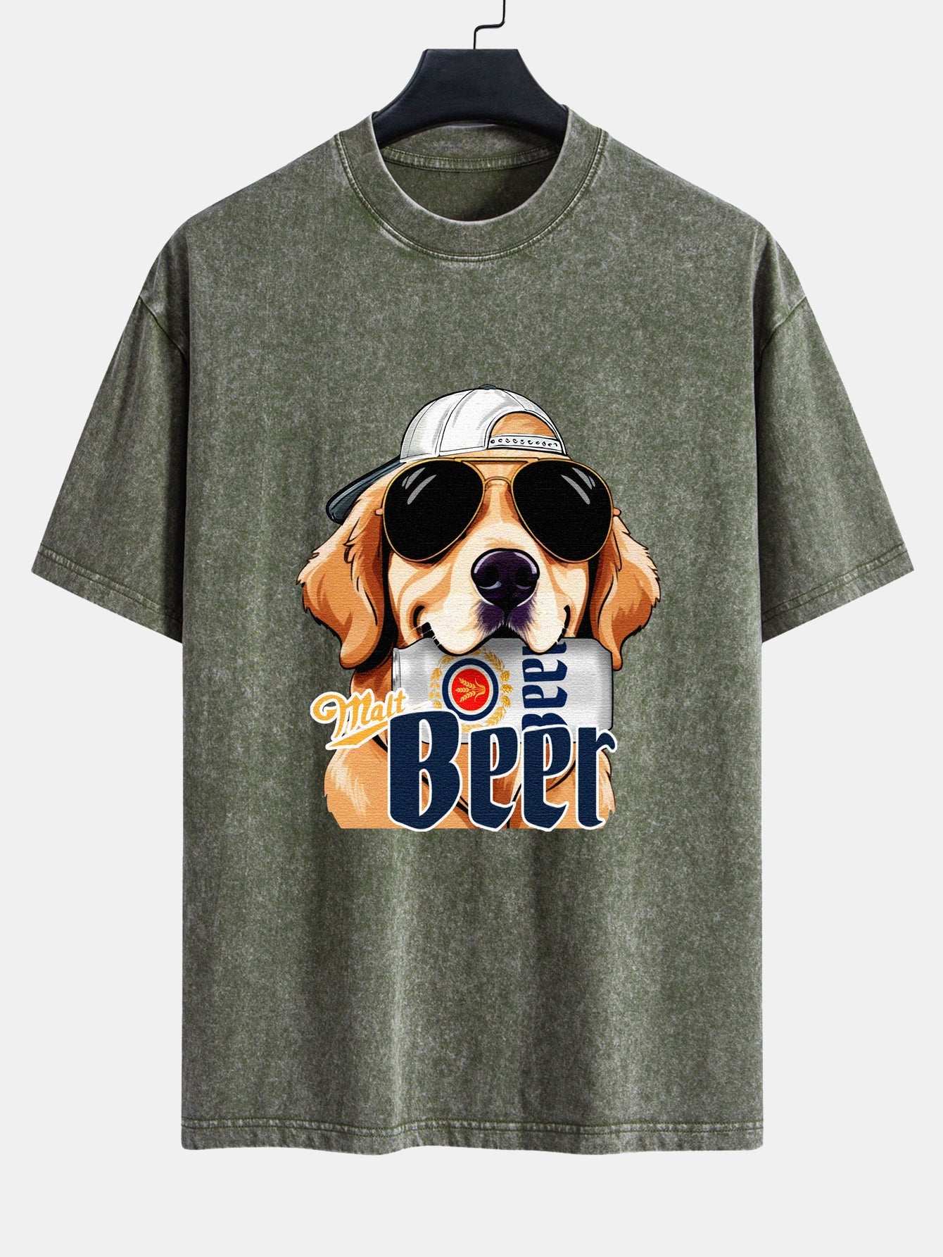 Beer Dog Print Washed Distressed Drop Shoulder T-Shirt