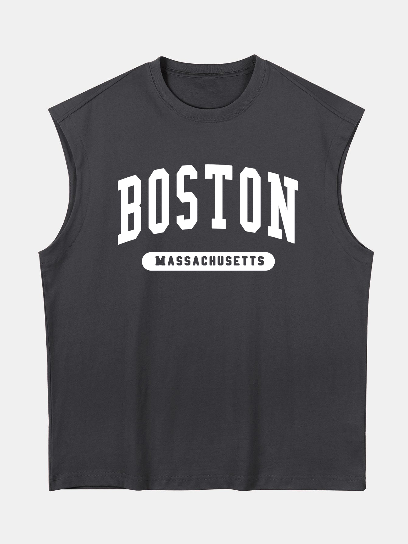 Relax Fit Boston Slogan Jacket Print Cotton Drop Shoulder Sleeveless T-Shirt