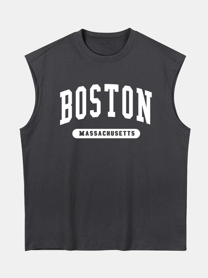 Relax Fit Boston Slogan Jacket Print Cotton Drop Shoulder Sleeveless T-Shirt