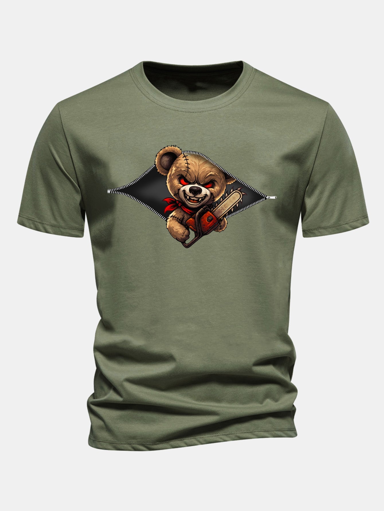 Regular Fit Halloween Zipper Evil Bear Print Cotton T-Shirt