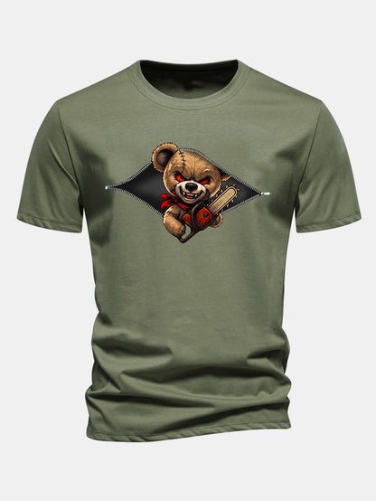 Regular Fit Halloween Zipper Evil Bear Print Cotton T-Shirt
