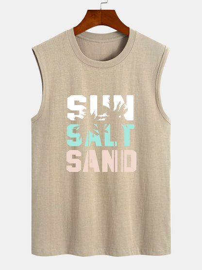 Sun Sand Palm Tree Print Cotton Sleeveless T-Shirt