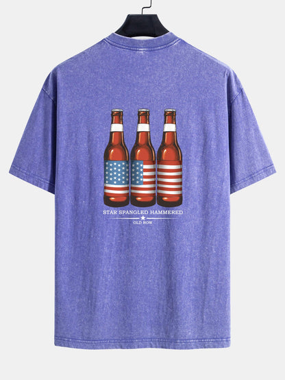 USA Old Row Beer Print Washed Distressed Drop Shoulder T-Shirt