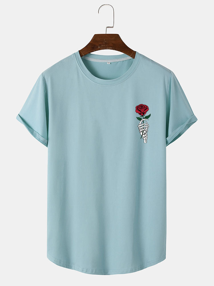 Rose Skull Hand Print Arc Hem T-Shirt