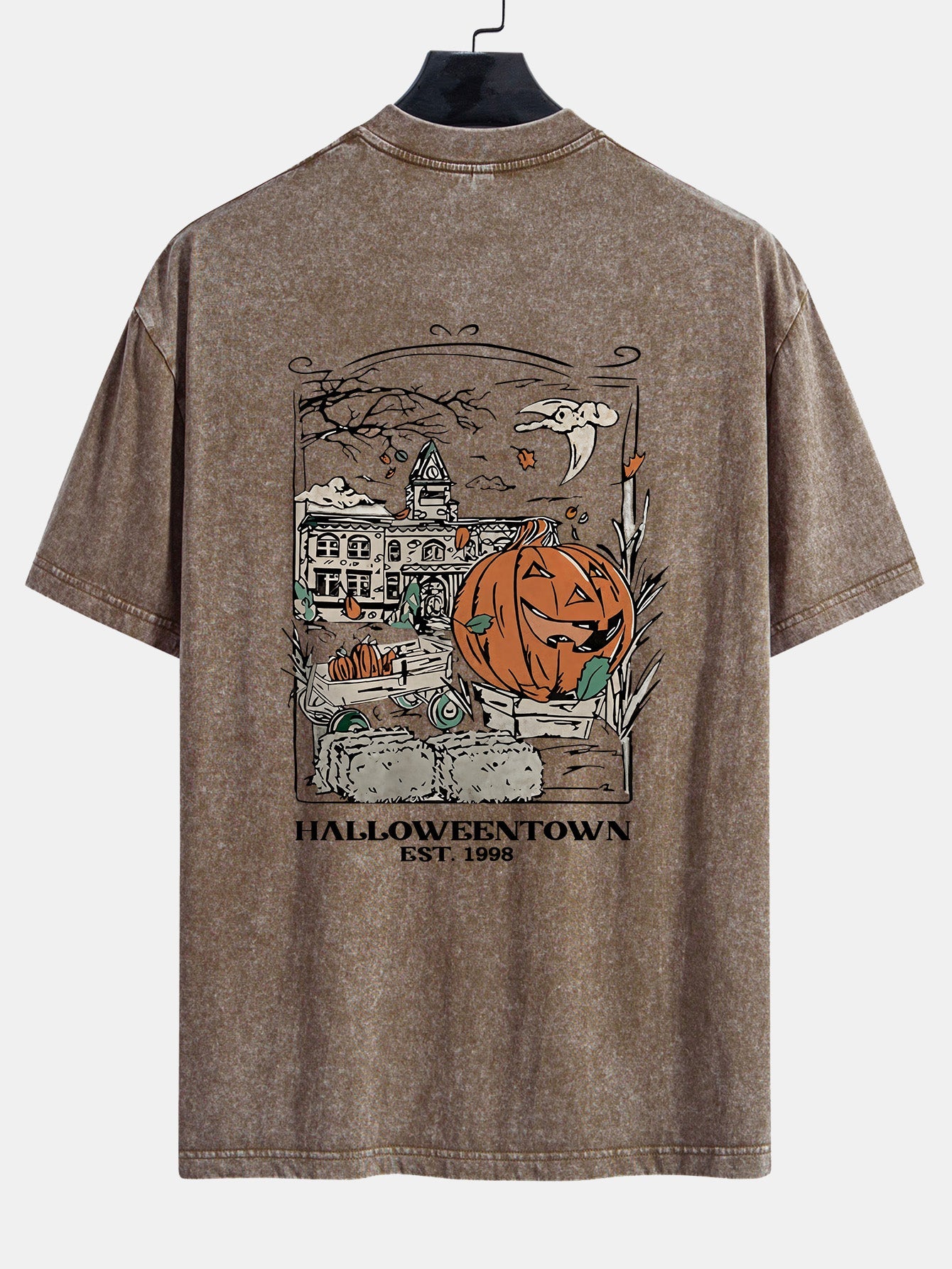 Halloween Pumpkin Town Print Washed Distressed Drop Shoulder T-Shirt