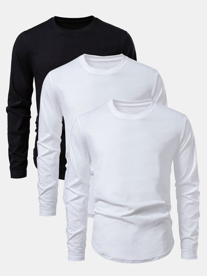 3 Pieces Basic Long Sleeve Cotton Arc Hem T-Shirts