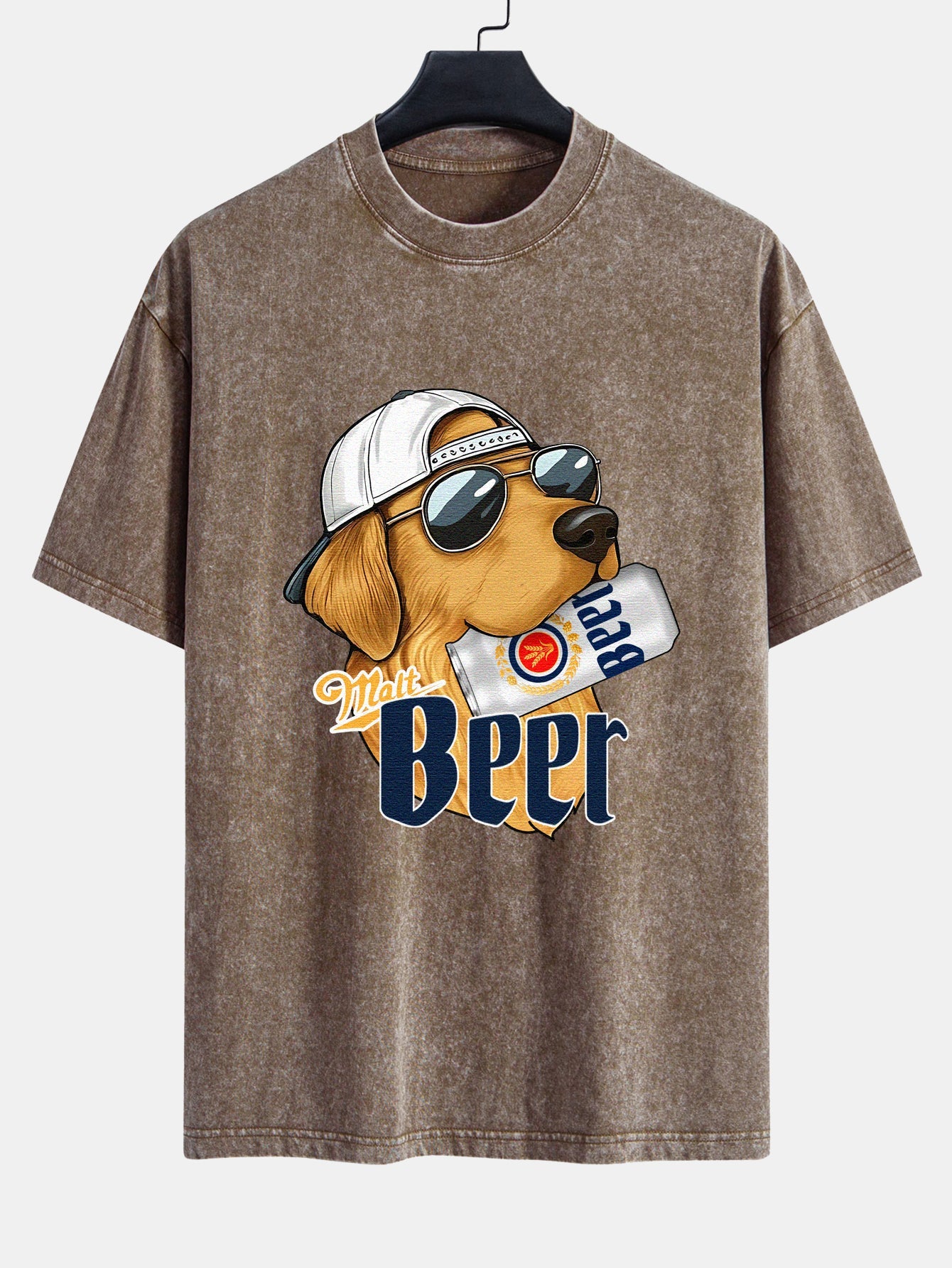 Beer Dog Print Washed Distressed Drop Shoulder T-Shirt
