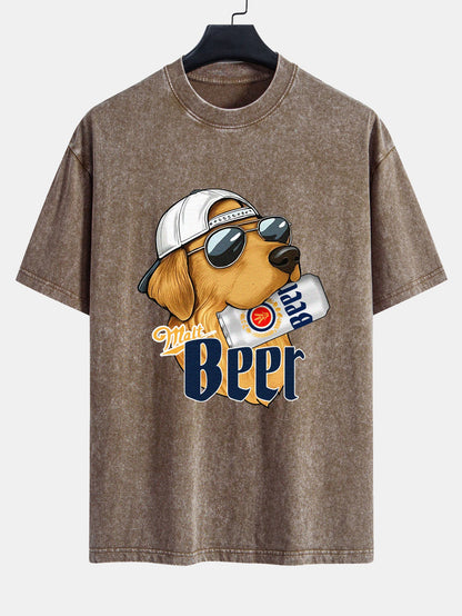 Beer Dog Print Washed Distressed Drop Shoulder T-Shirt
