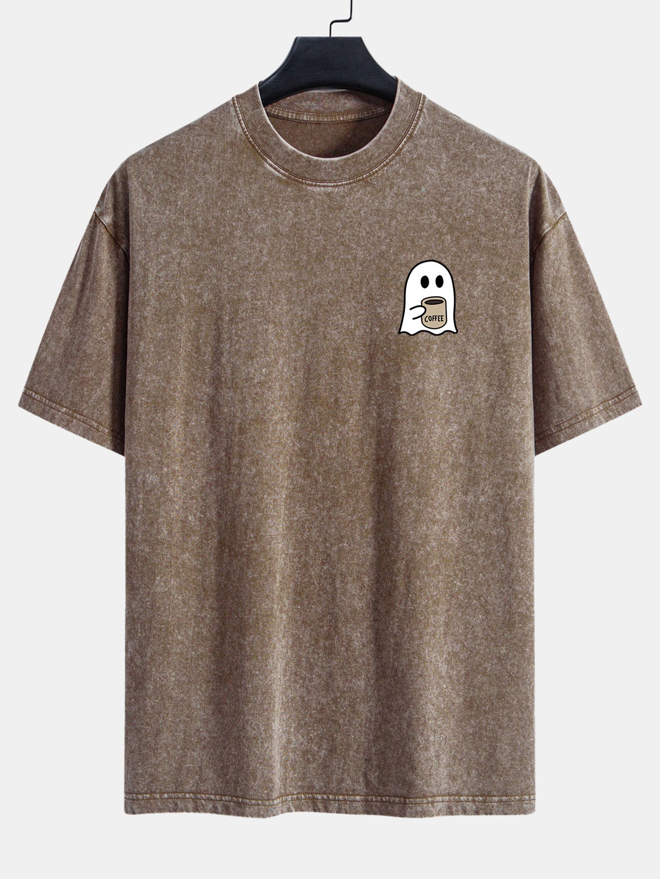 Ghost Drinking Coffee Print Washed Distressed Drop Shoulder T-Shirt