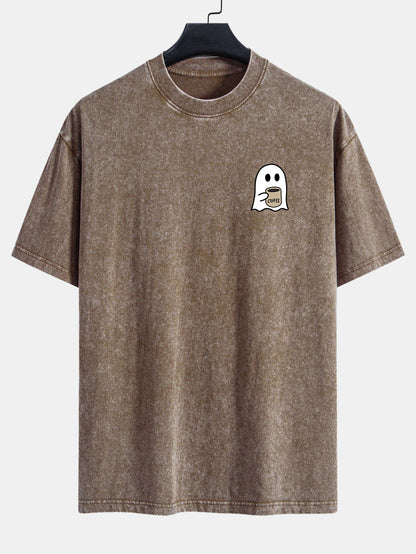 Ghost Drinking Coffee Print Washed Distressed Drop Shoulder T-Shirt