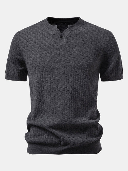 Checkerboard Henley Collar Sweater Knitted T-Shirt
