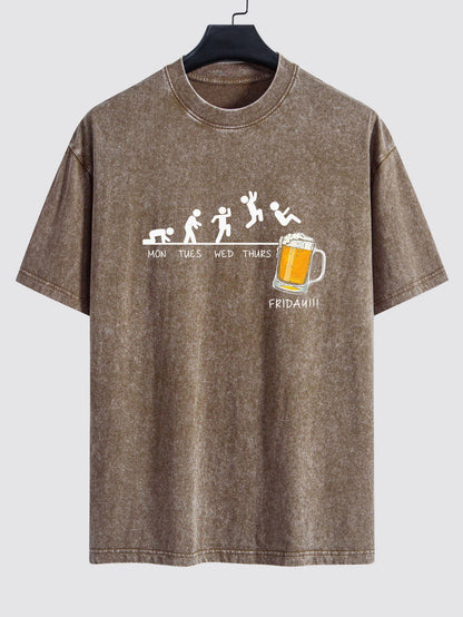 Beer Weekly Evolution Print Washed Distressed Drop Shoulder T-Shirt