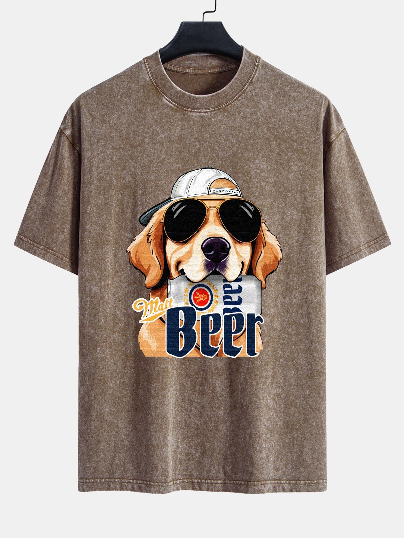 Beer Dog Print Washed Distressed Drop Shoulder T-Shirt