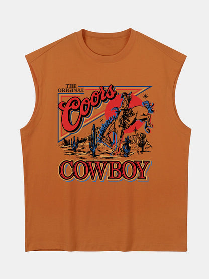 Relax Fit Western Cowboy Print Cotton Drop Shoulder Sleeveless T-Shirt