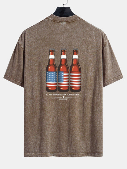 USA Old Row Beer Print Washed Distressed Drop Shoulder T-Shirt