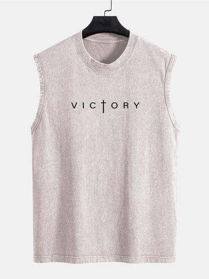 Victory Slogan Print Washed Distressed Tank Top
