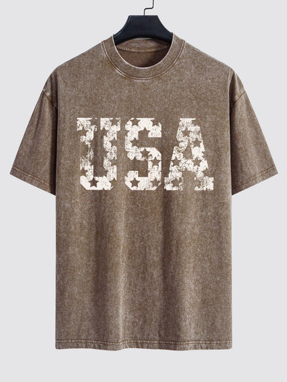 USA Print Washed Distressed Drop Shoulder T-Shirt