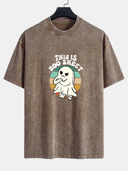 Ghost Slogan Print Washed Distressed Drop Shoulder T-Shirt