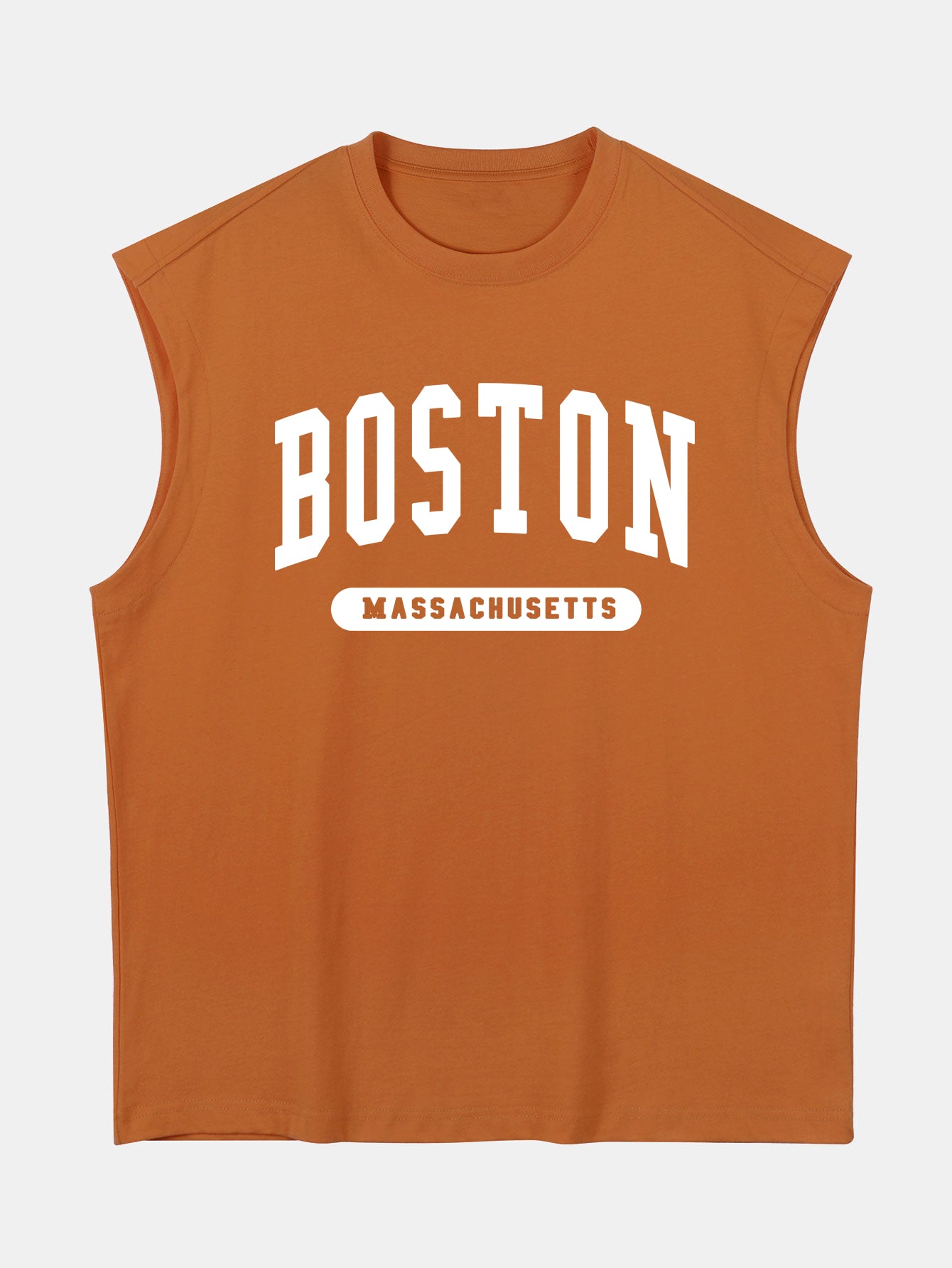 Relax Fit Boston Slogan Jacket Print Cotton Drop Shoulder Sleeveless T-Shirt