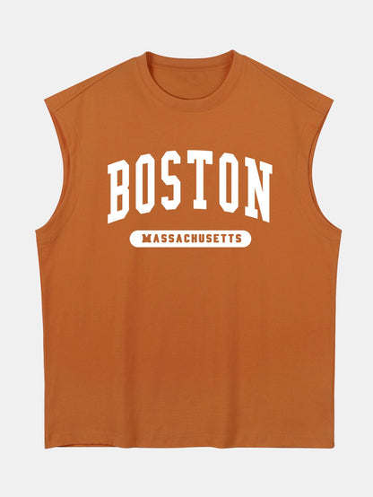 Relax Fit Boston Slogan Jacket Print Cotton Drop Shoulder Sleeveless T-Shirt