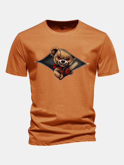 Regular Fit Halloween Zipper Evil Bear Print Cotton T-Shirt
