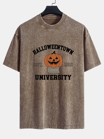 Halloween Pumpkin Town Print Washed Distressed Drop Shoulder T-Shirt