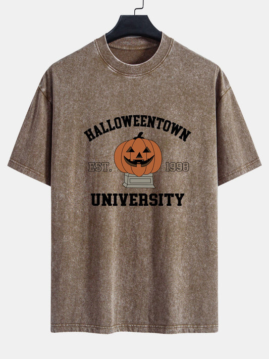 Halloween Pumpkin Town Print Washed Distressed Drop Shoulder T-Shirt