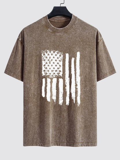 American Flag Print Washed Distressed Drop Shoulder T-Shirt