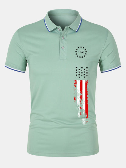 1776 American Flag Print Mesh Polo Shirt
